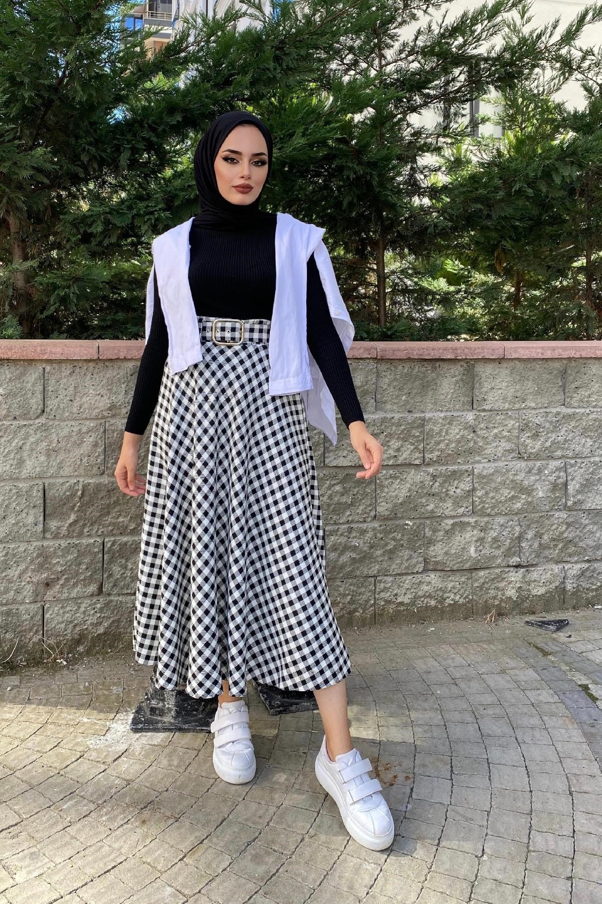 Kareli Kemerli Kloş Etek Siyah