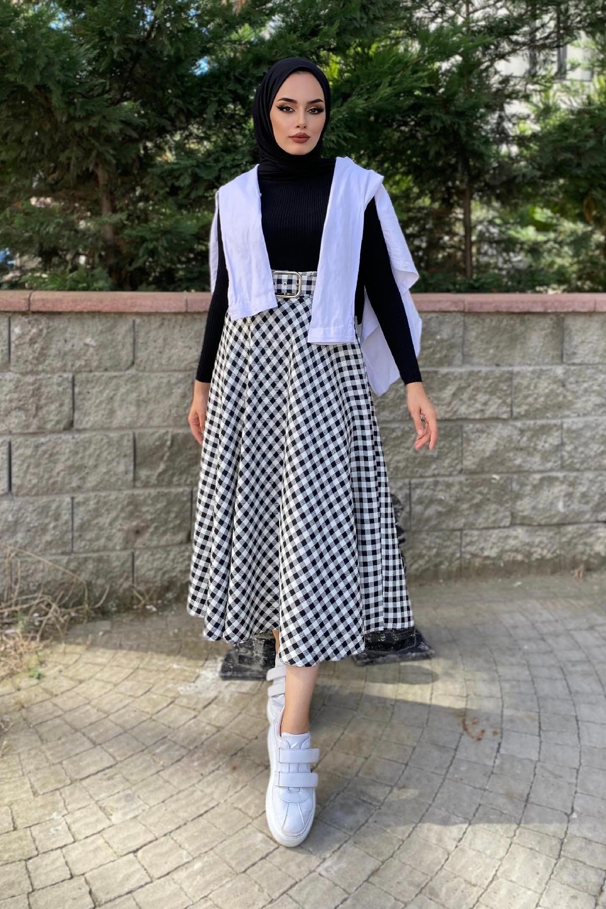 Kareli Kemerli Kloş Etek Siyah