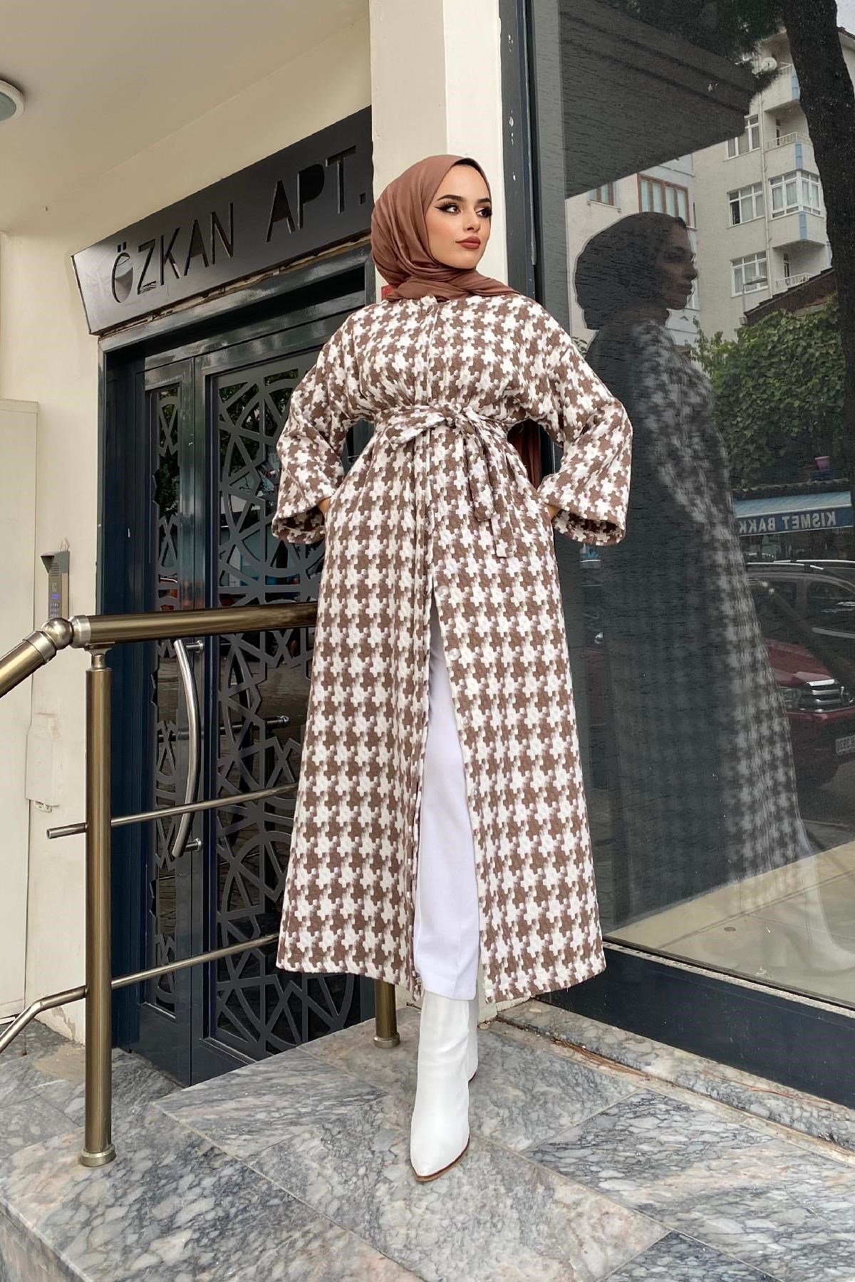 Kaz Ayağı Desenli Kap Kahverengi