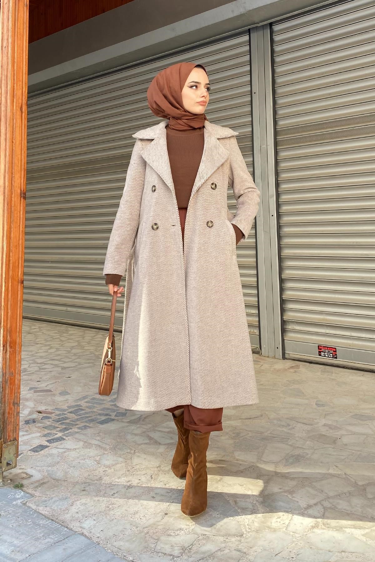 Kendinden Çizgili Kuşaklı Kaban Bej