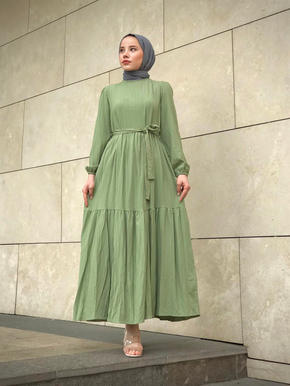 Kendinden Çizgili Maxi Elbise Çağla