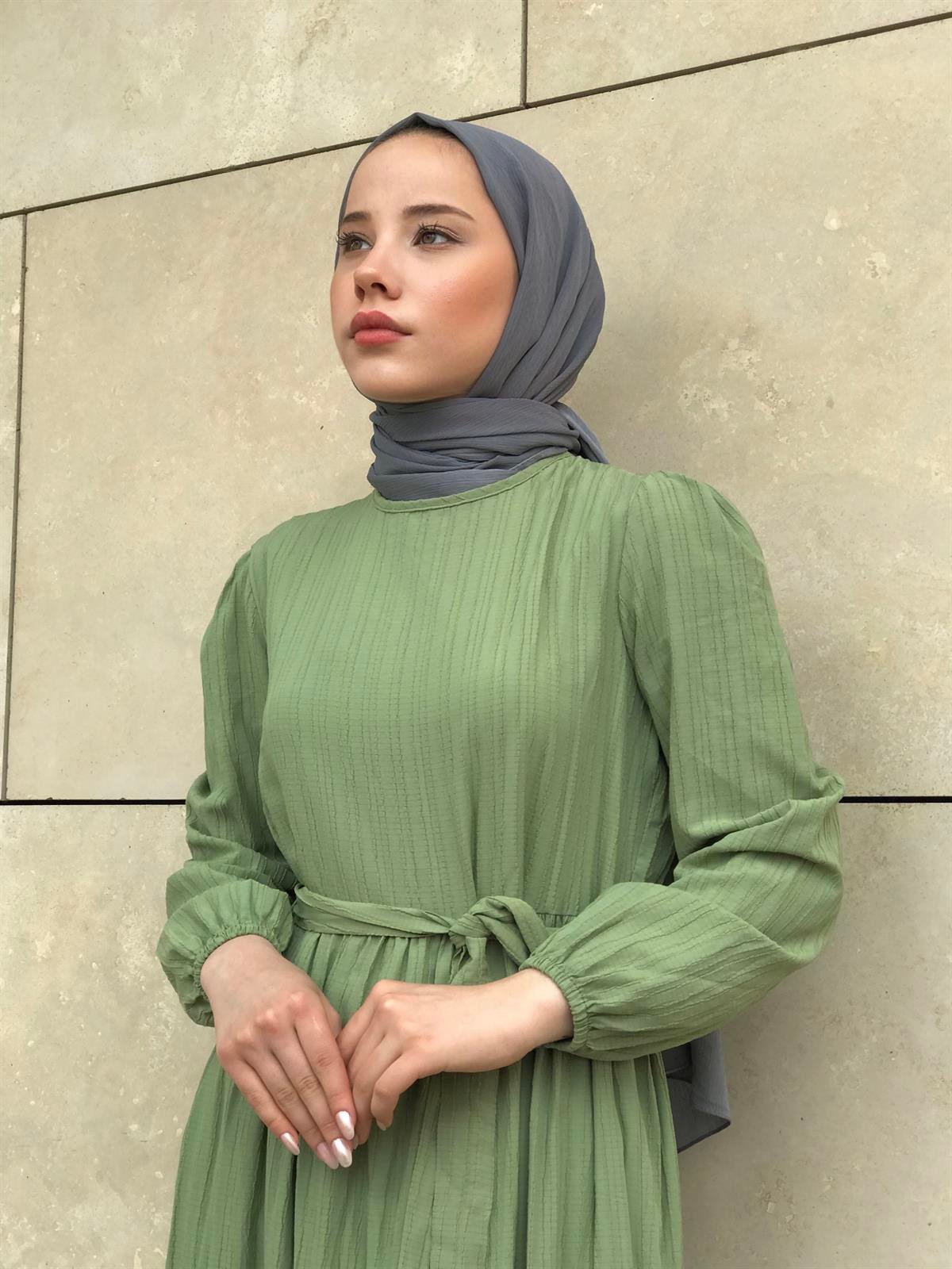 Kendinden Çizgili Maxi Elbise Çağla