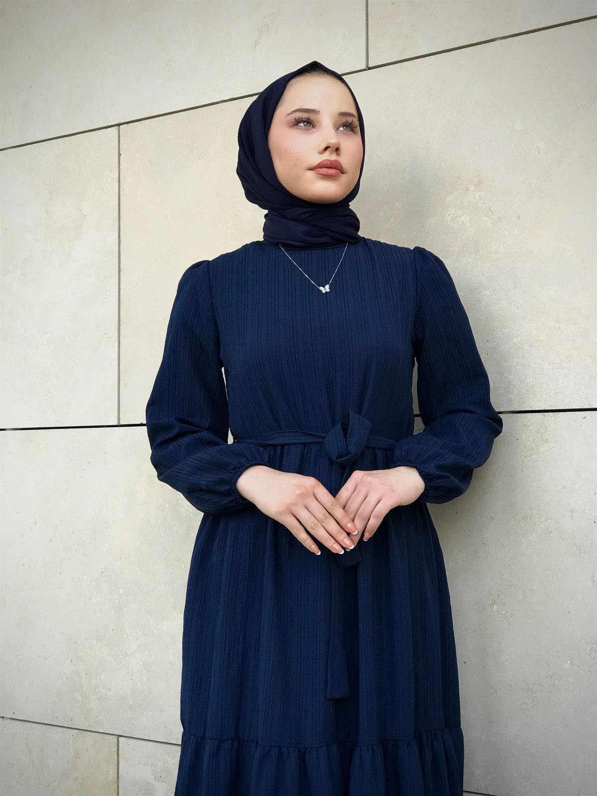 Kendinden Çizgili Maxi Elbise Lacivert
