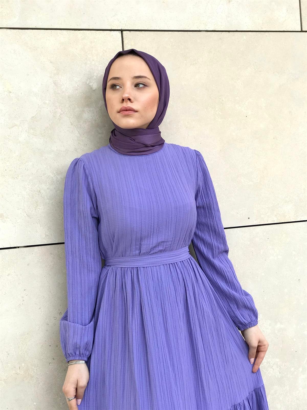 Kendinden Çizgili Maxi Elbise Lila