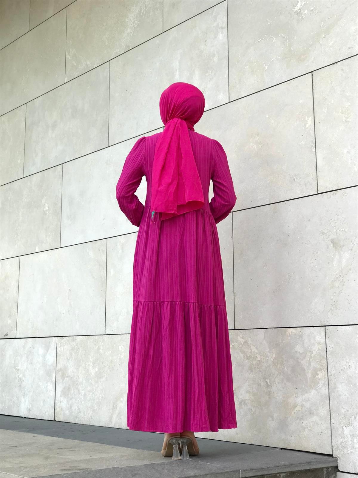 Kendinden Çizgili Maxi Elbise Pembe