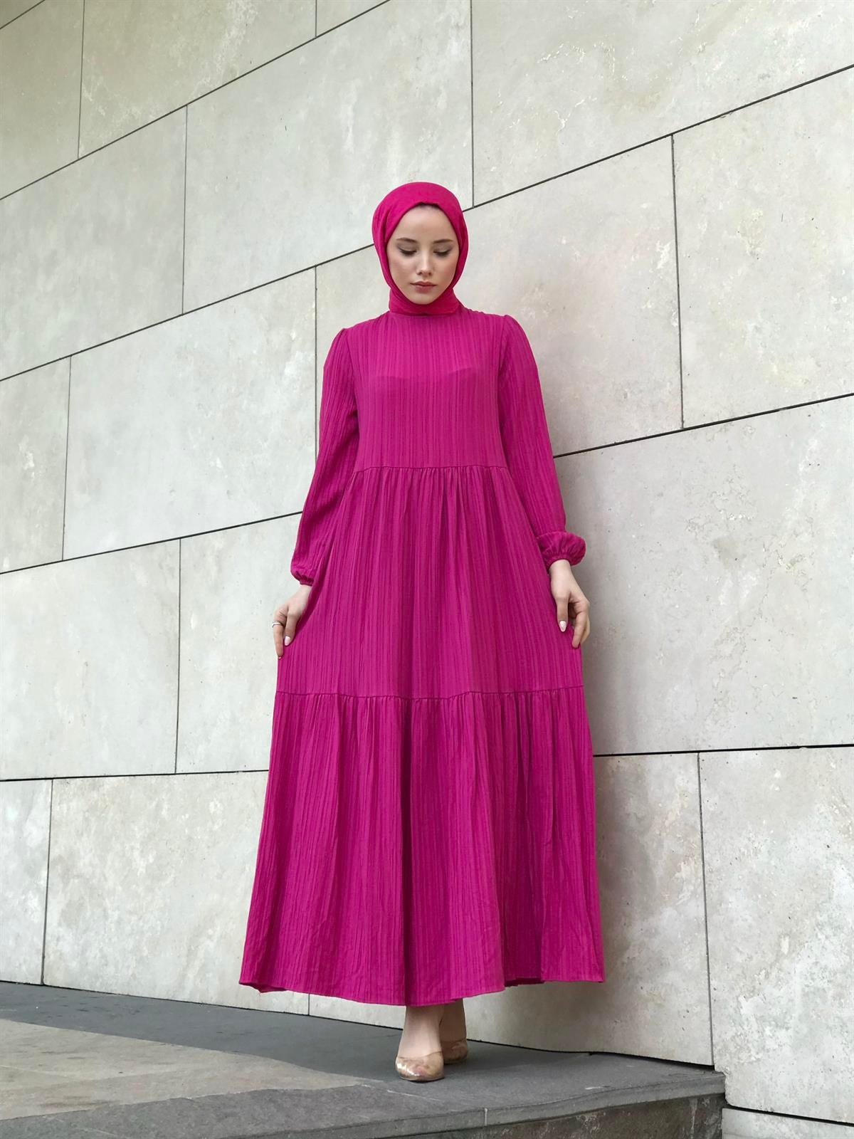 Kendinden Çizgili Maxi Elbise Pembe