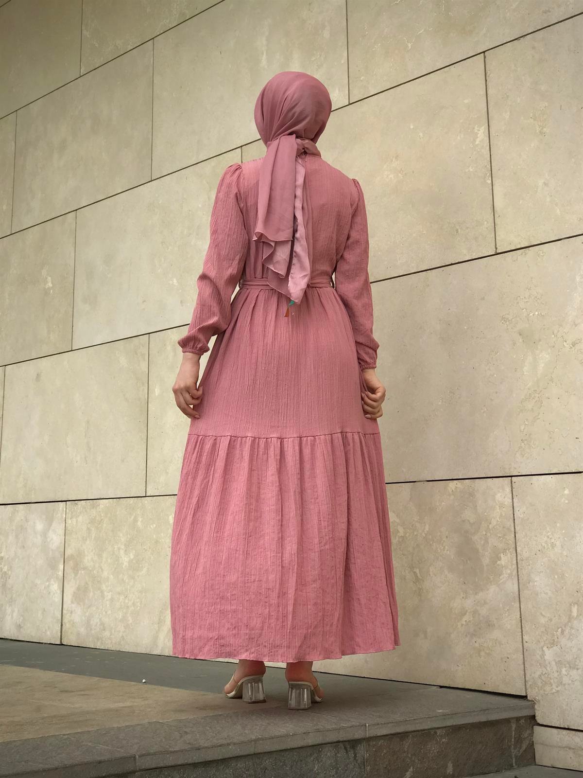 Kendinden Çizgili Maxi Elbise Pudra