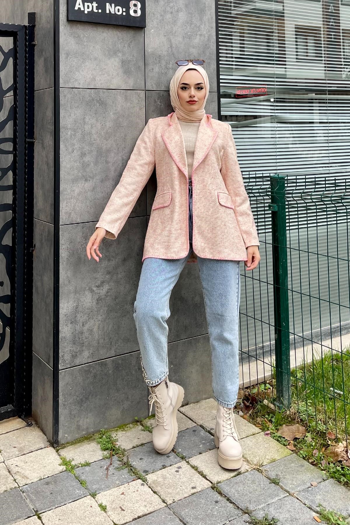 Kırçıklı Astarlı Ceket Pudra