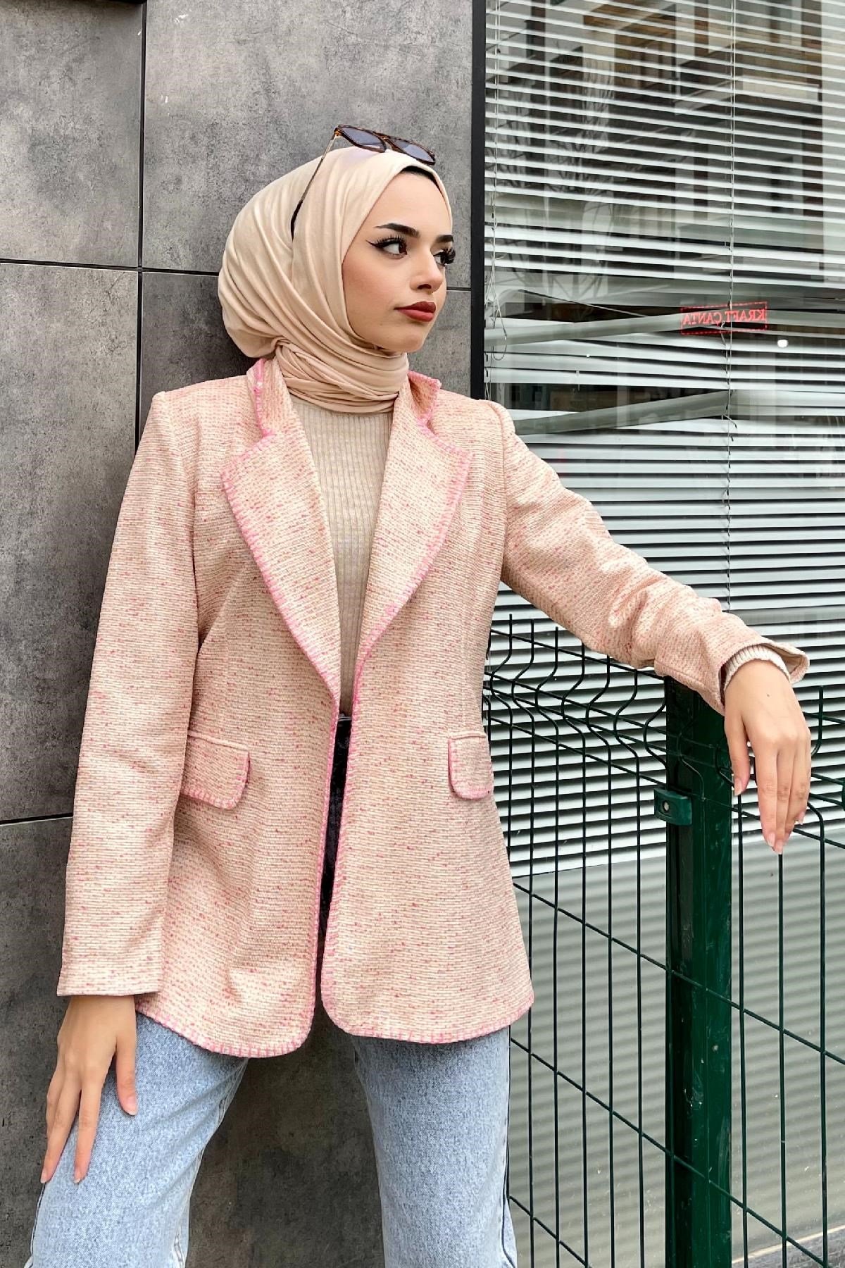 Kırçıklı Astarlı Ceket Pudra