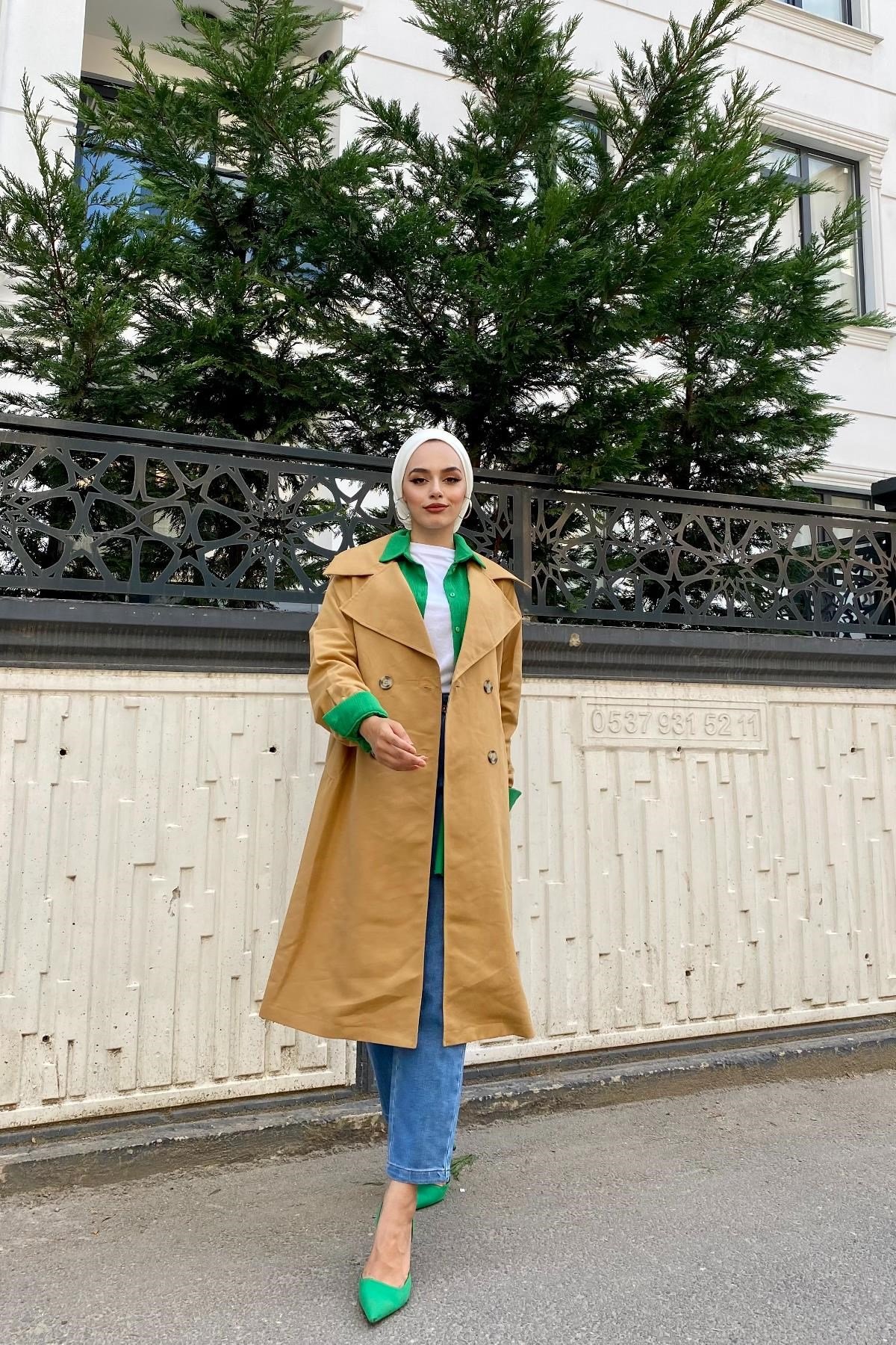 Kolu Kemerli Trençkot Taba