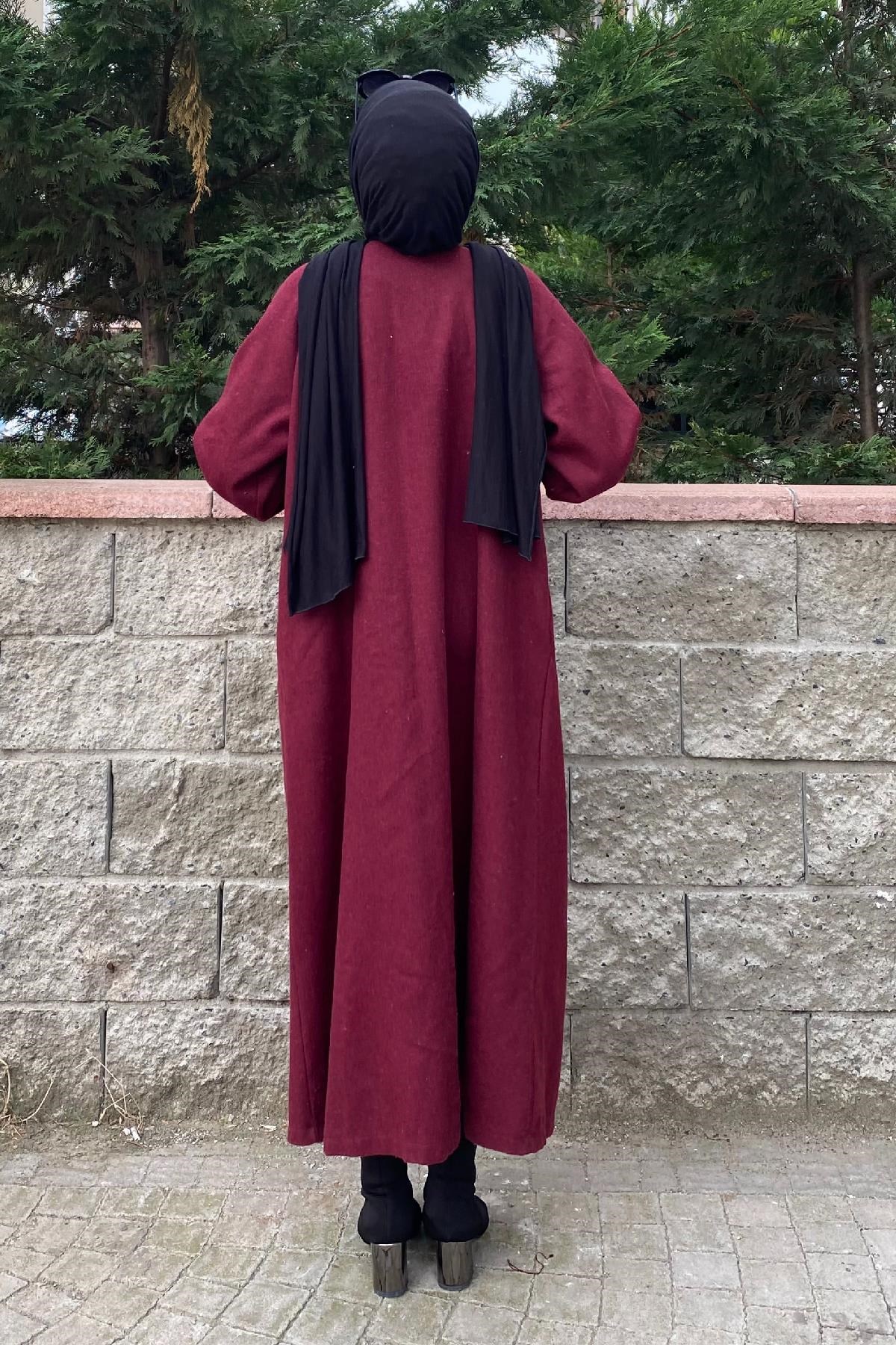Kolu Lastikli Kuşaklı Kaşe Kaban Bordo