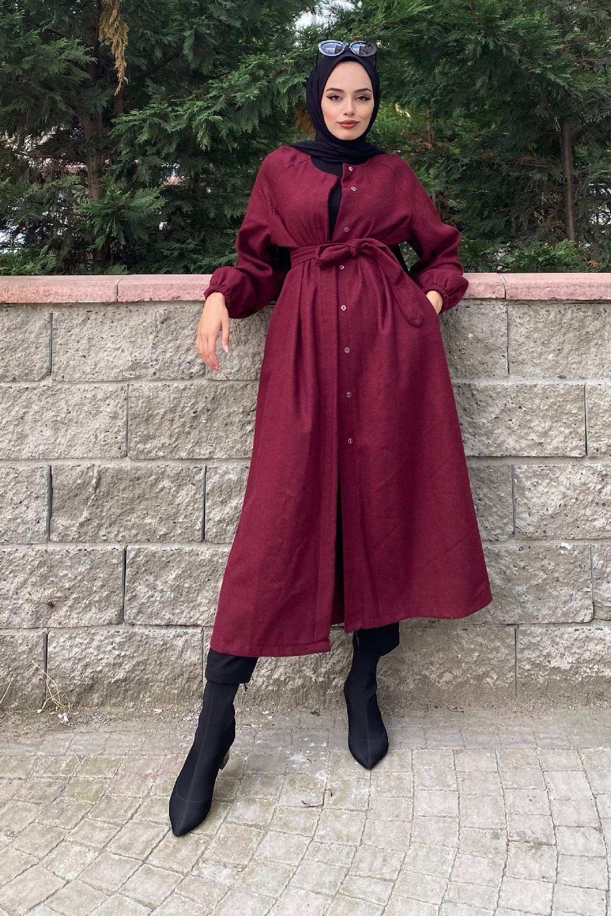 Kolu Lastikli Kuşaklı Kaşe Kaban Bordo