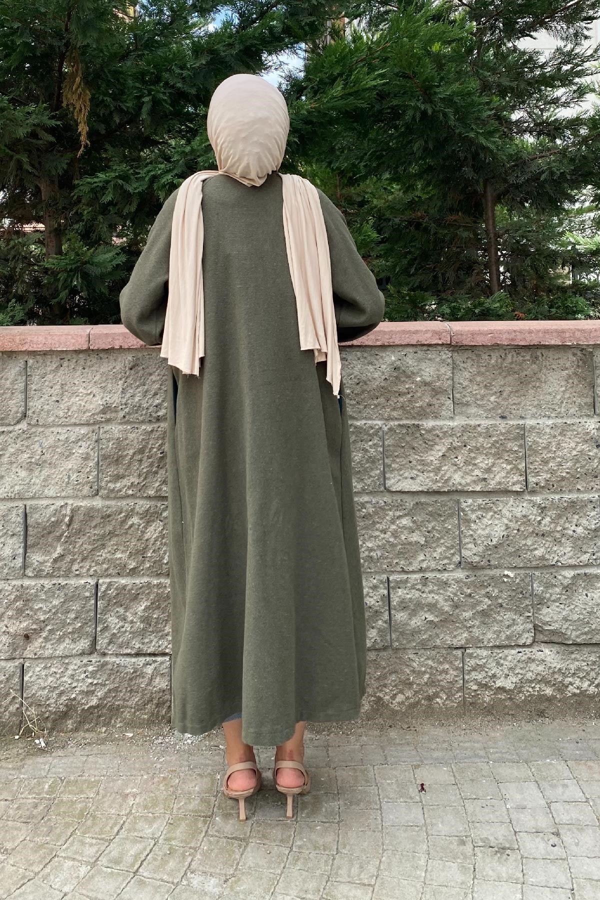 Kolu Lastikli Kuşaklı Kaşe Kaban Haki