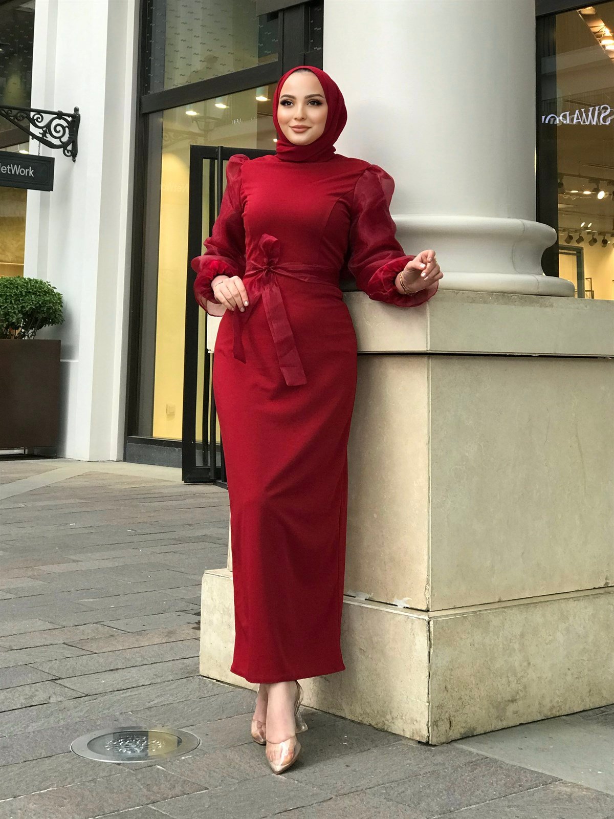Kolu Tül Detaylı Kalem Elbise Bordo