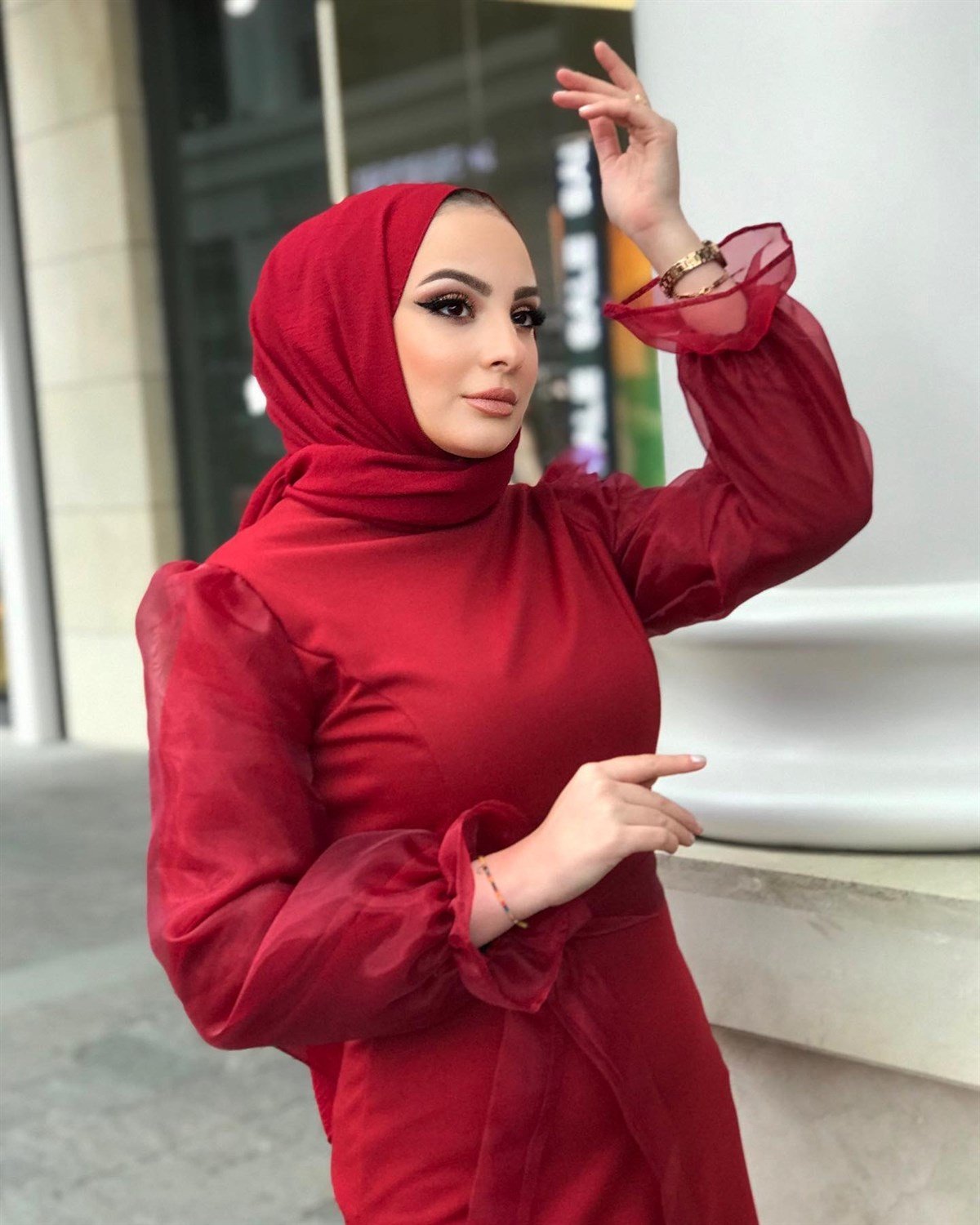 Kolu Tül Detaylı Kalem Elbise Bordo
