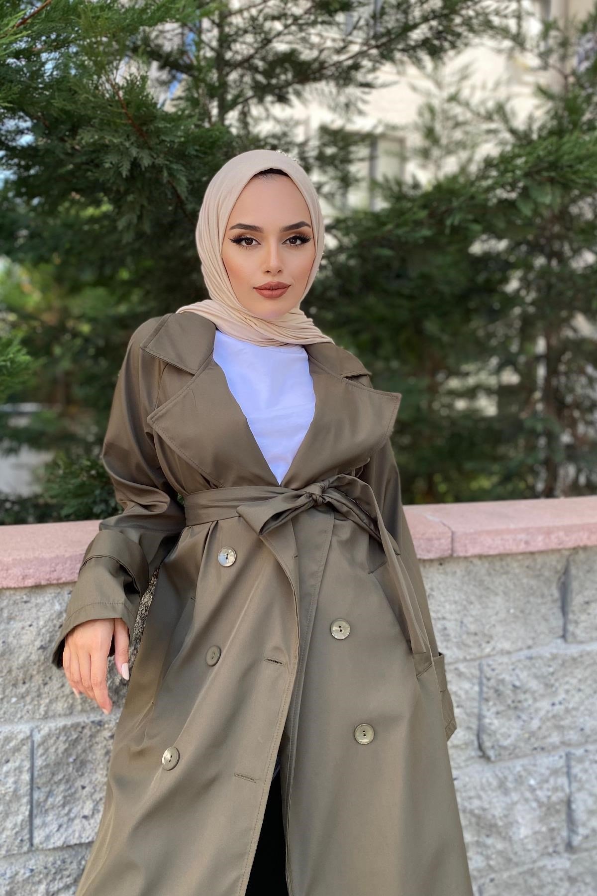 Kruvaze Yaka Düğmeli Trençkot Haki