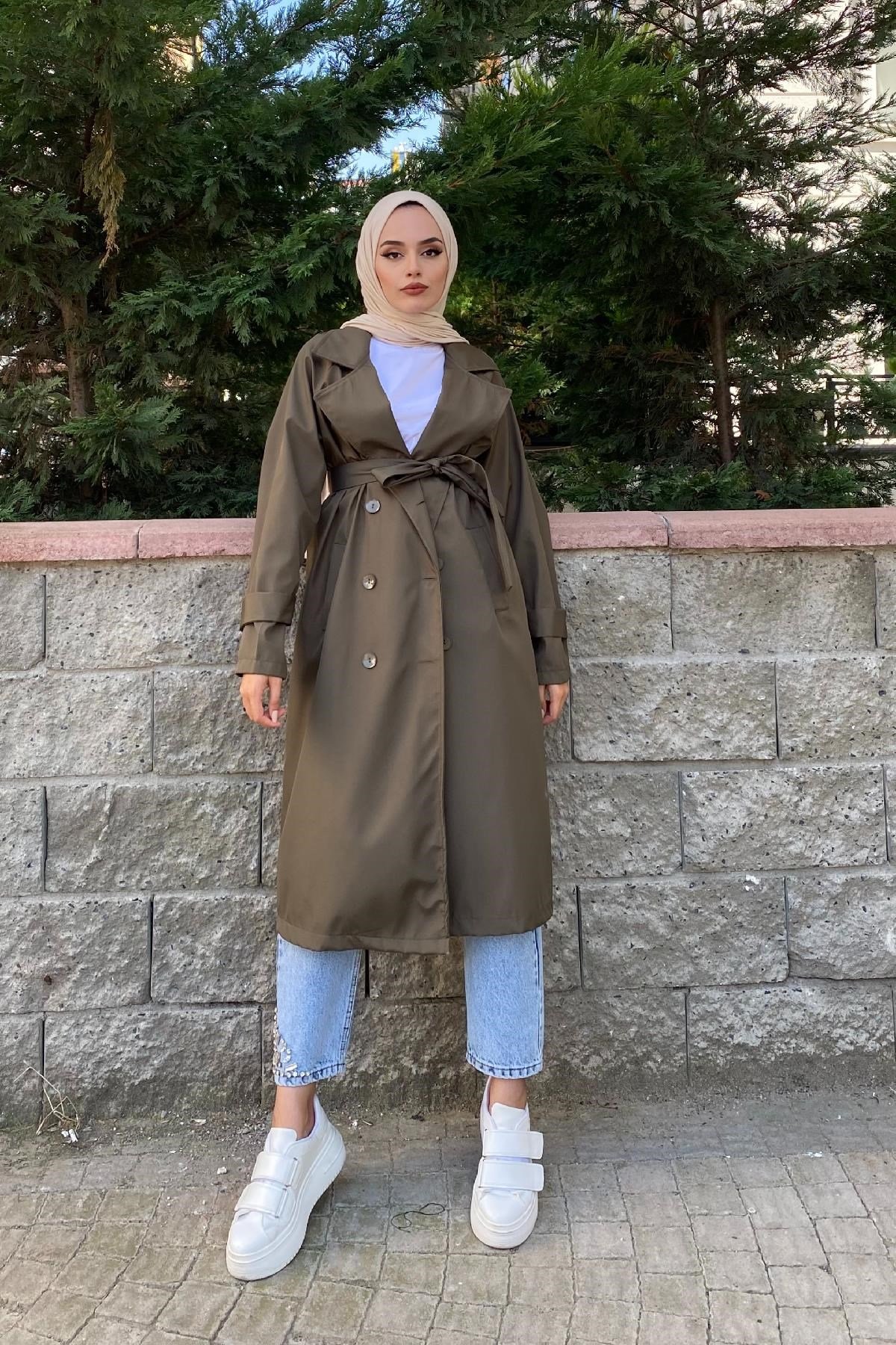 Kruvaze Yaka Düğmeli Trençkot Haki