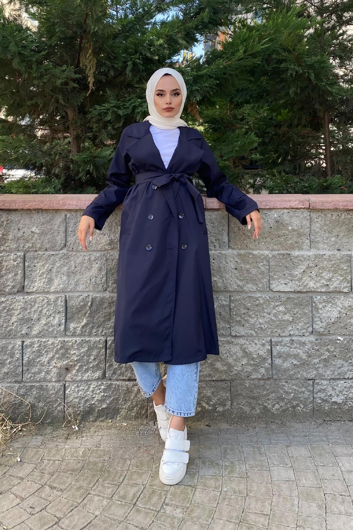 Kruvaze Yaka Düğmeli Trençkot Lacivert