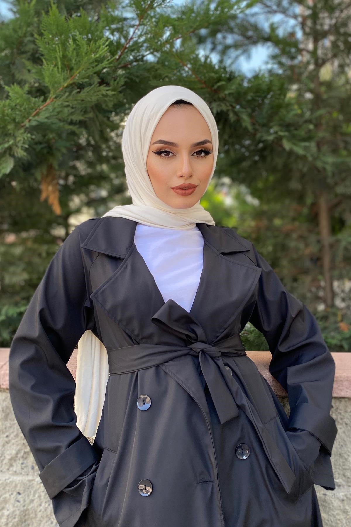 Kruvaze Yaka Düğmeli Trençkot Siyah