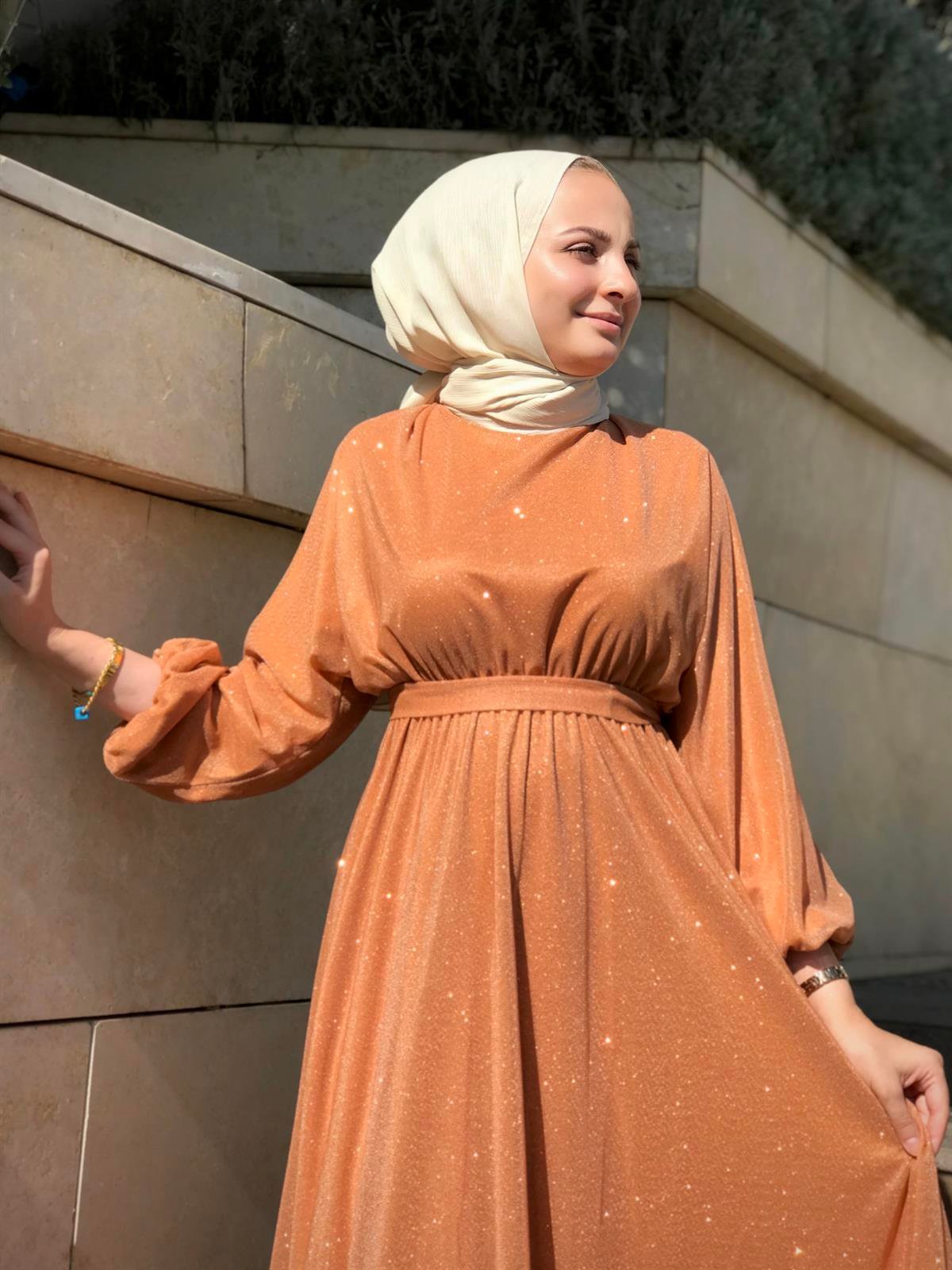 Kuşak Detaylı Shine Abiye Elbise Bakır