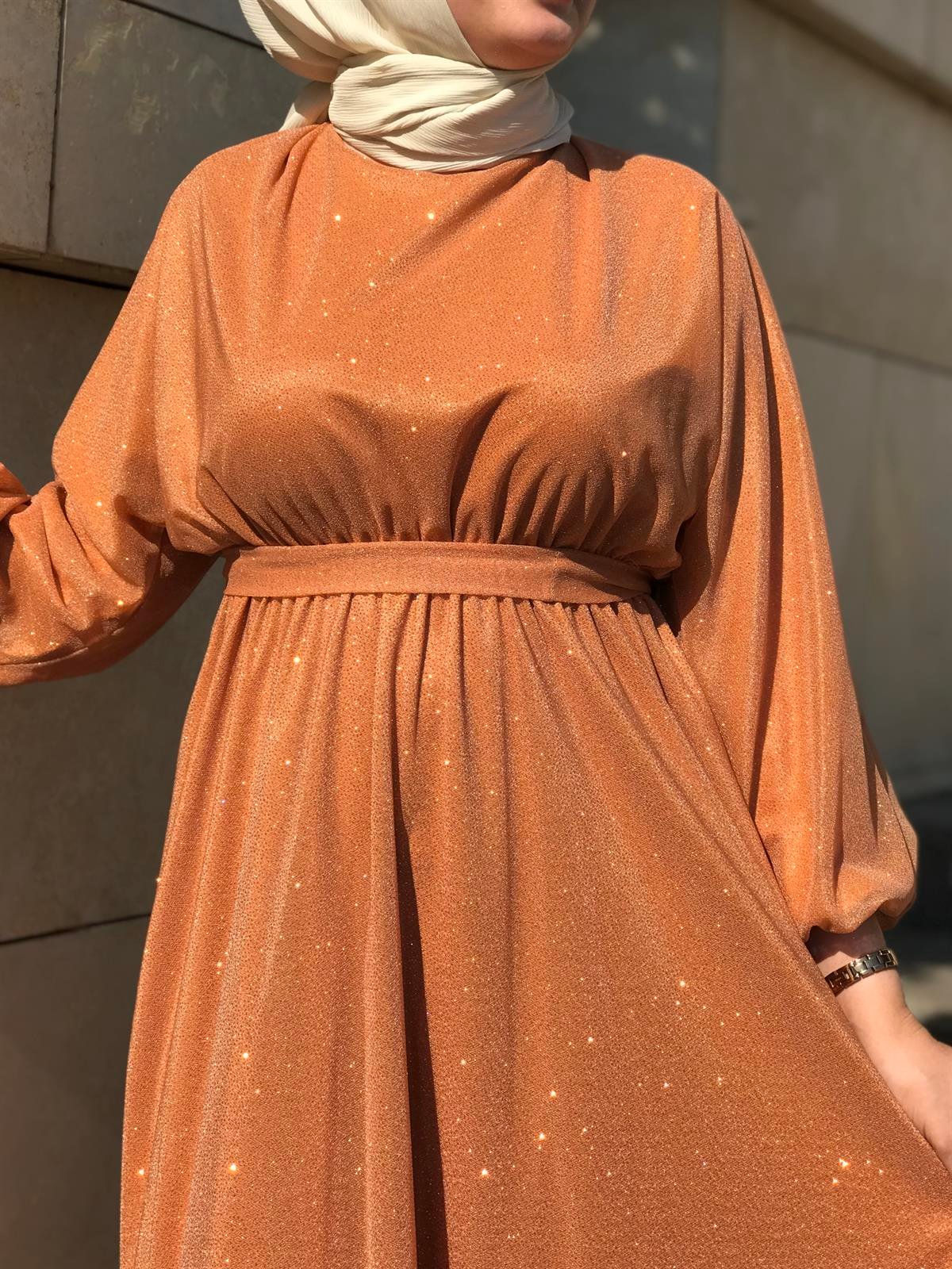 Kuşak Detaylı Shine Abiye Elbise Bakır