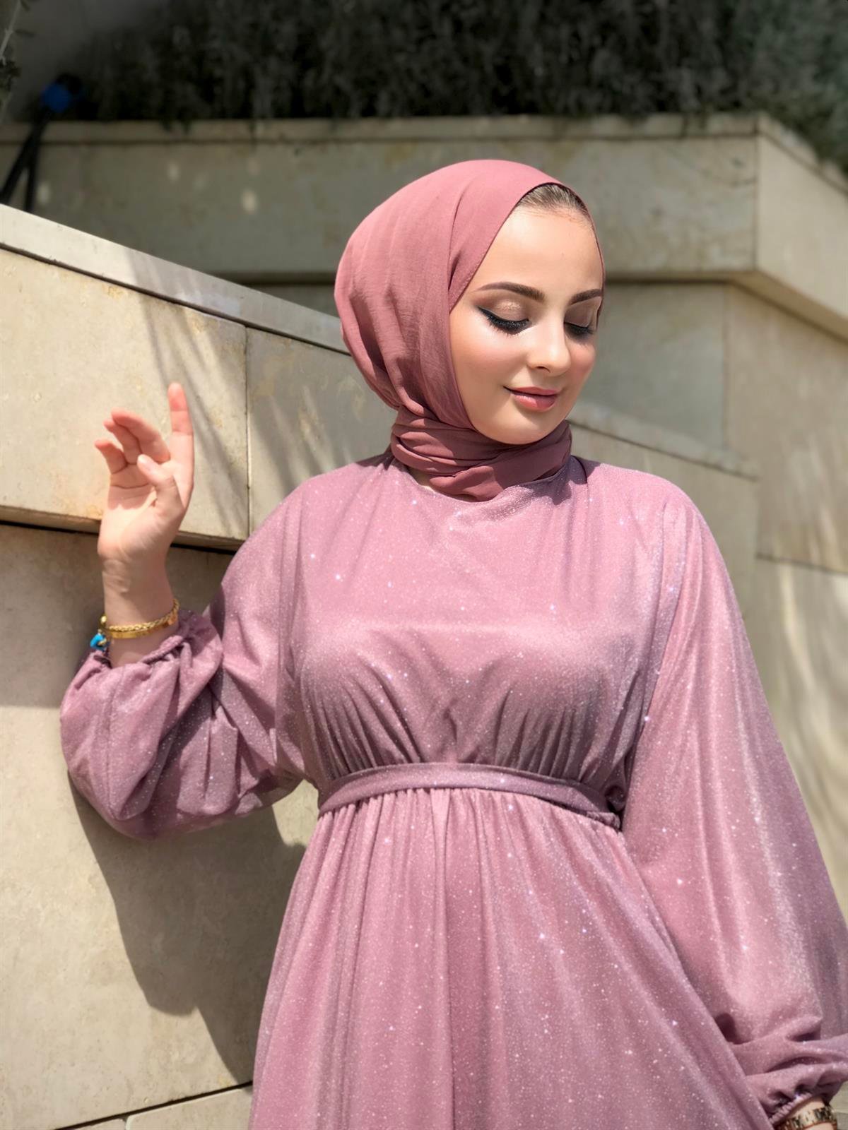 Kuşak Detaylı Shine Abiye Elbise Gül