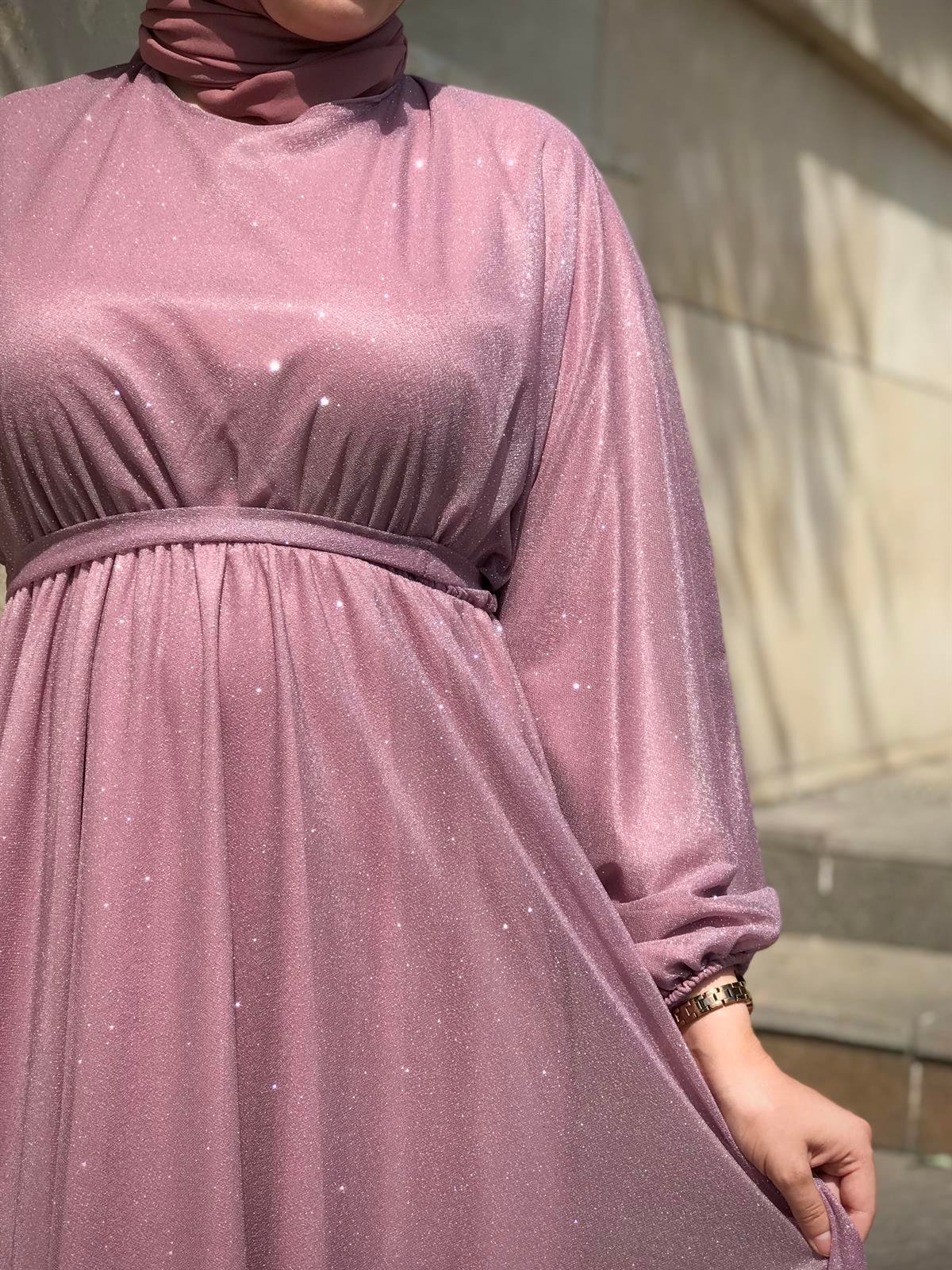 Kuşak Detaylı Shine Abiye Elbise Gül