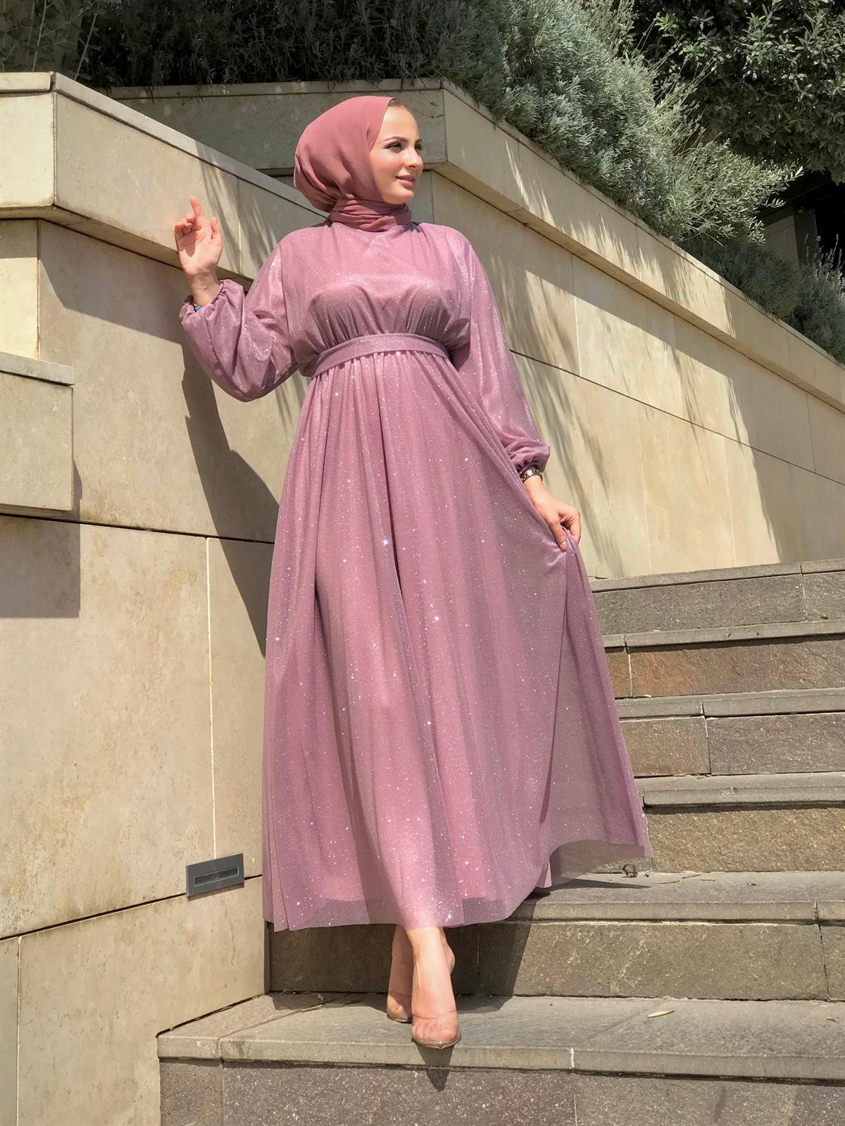 Kuşak Detaylı Shine Abiye Elbise Gül