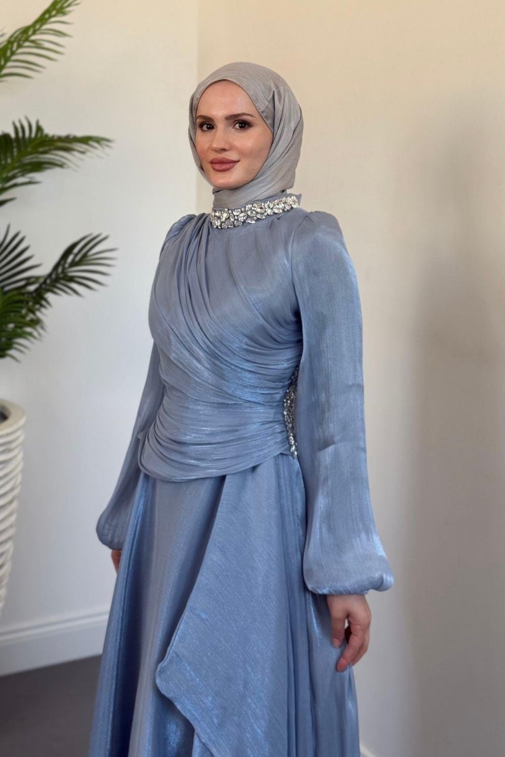 Kylea Yandan Taşlı Jan Jan Abiye Buz Mavisi