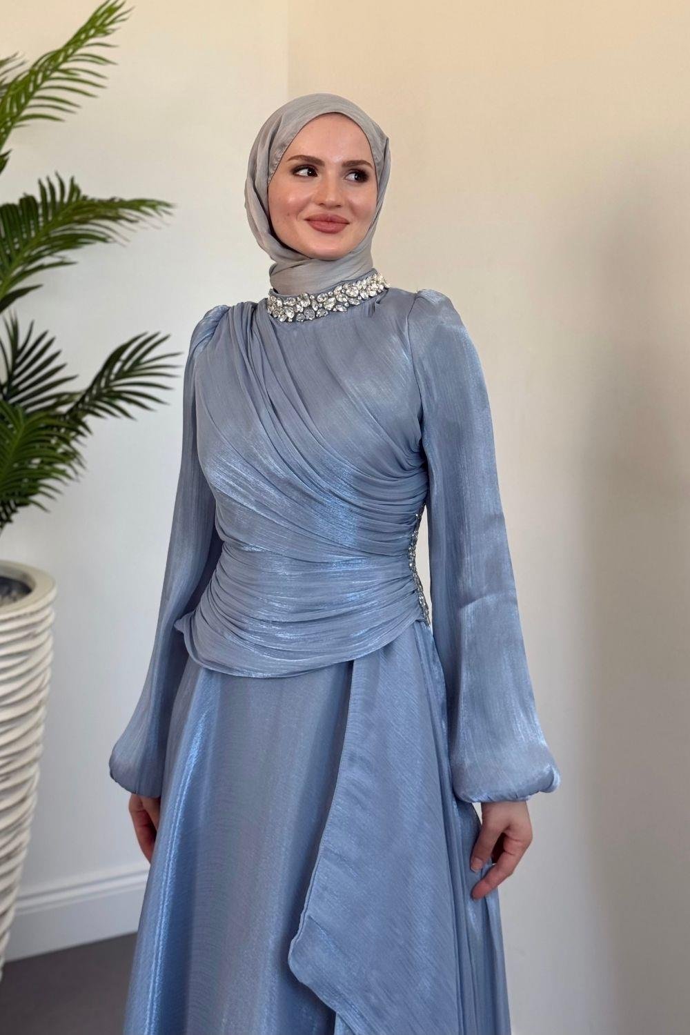 Kylea Yandan Taşlı Jan Jan Abiye Buz Mavisi