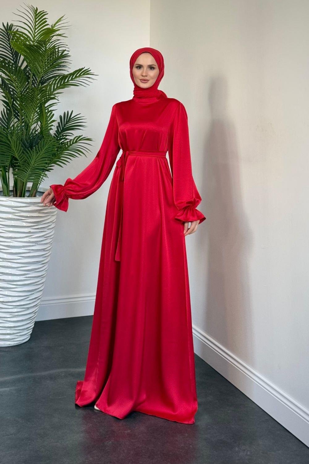 Lady Kolu Fırfır Saten Abiye Kırmızı
