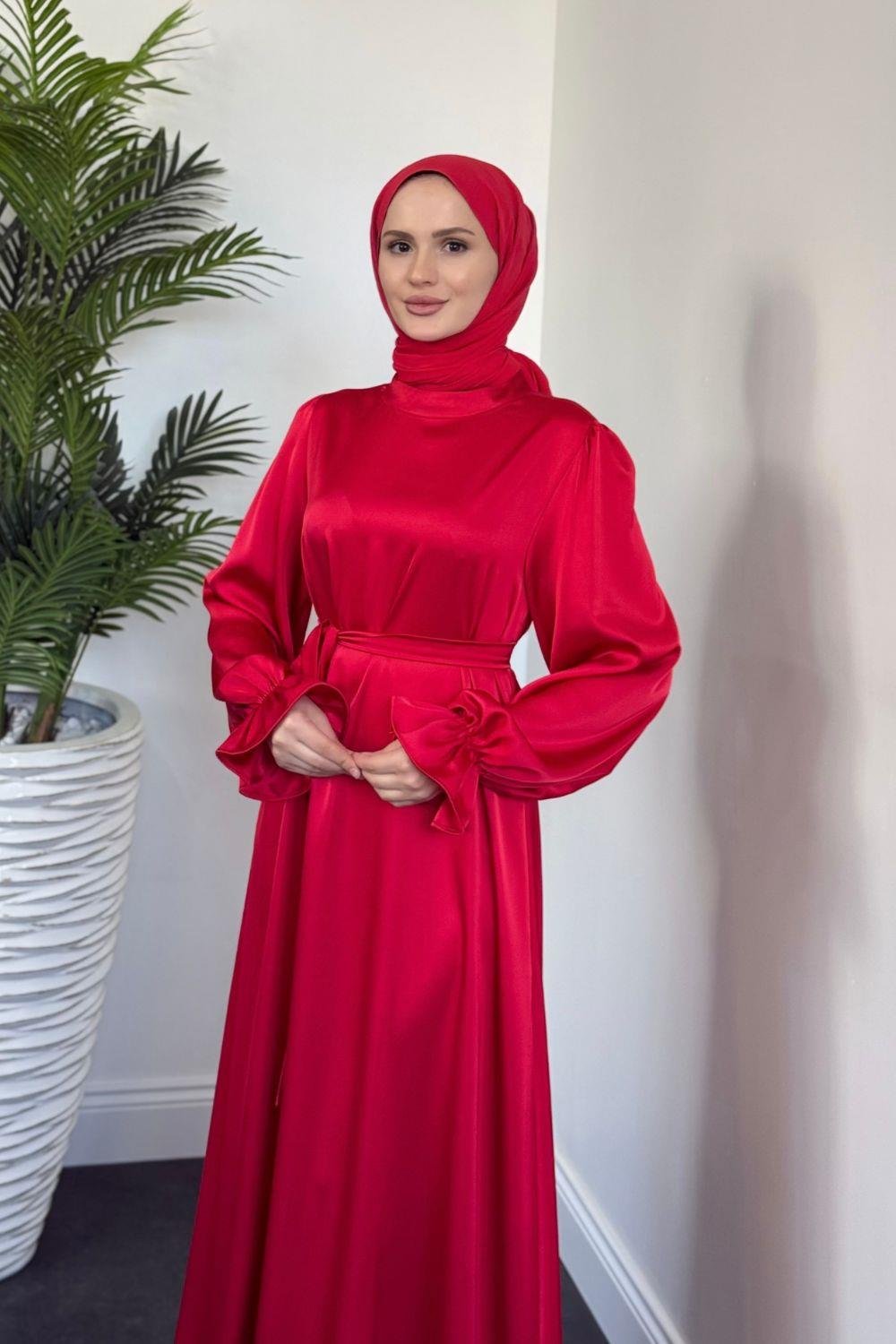 Lady Kolu Fırfır Saten Abiye Kırmızı