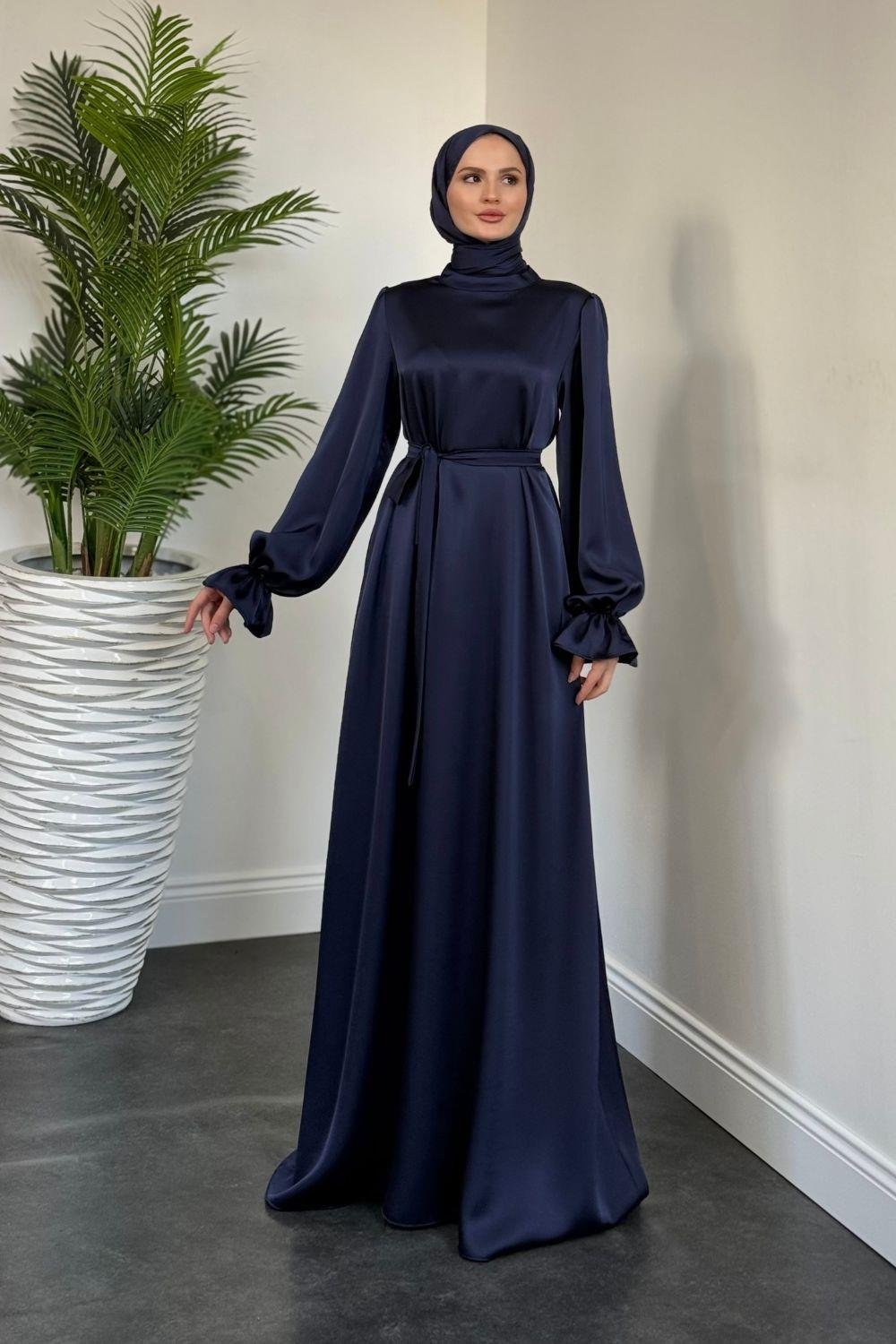 Lady Kolu Fırfır Saten Abiye Lacivert