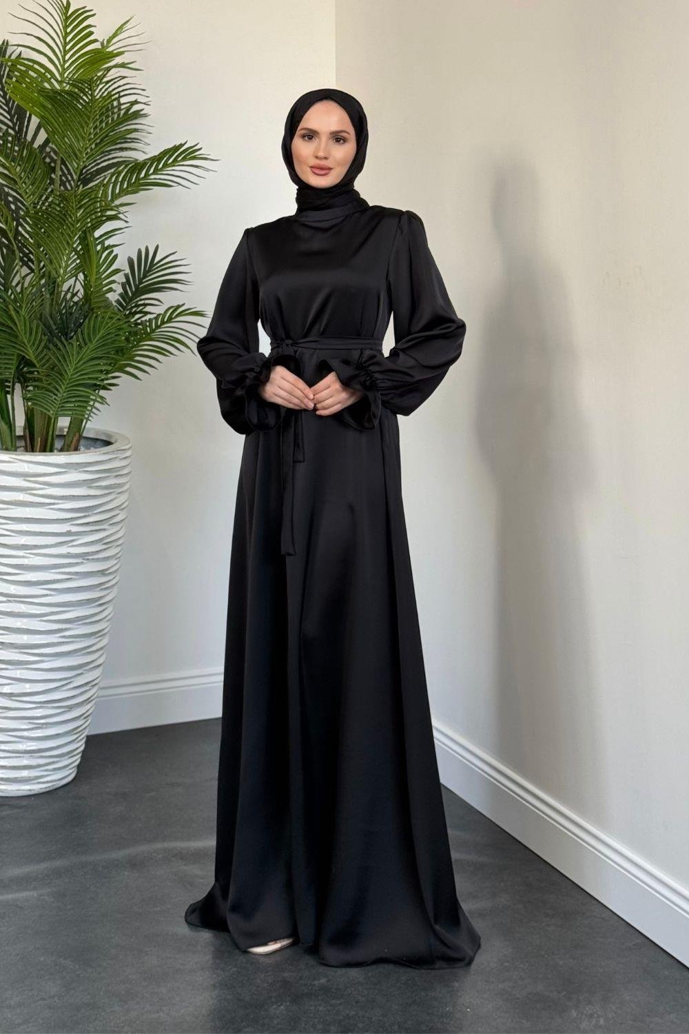 Lady Kolu Fırfır Saten Abiye Siyah