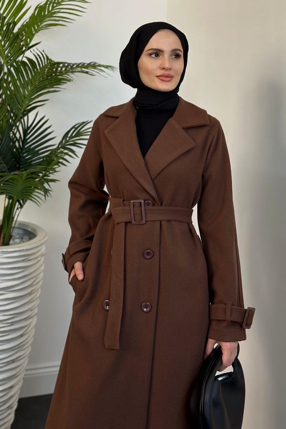 Mahika Astarlı Kemerli Kaşe Kaban Koyu Kahve