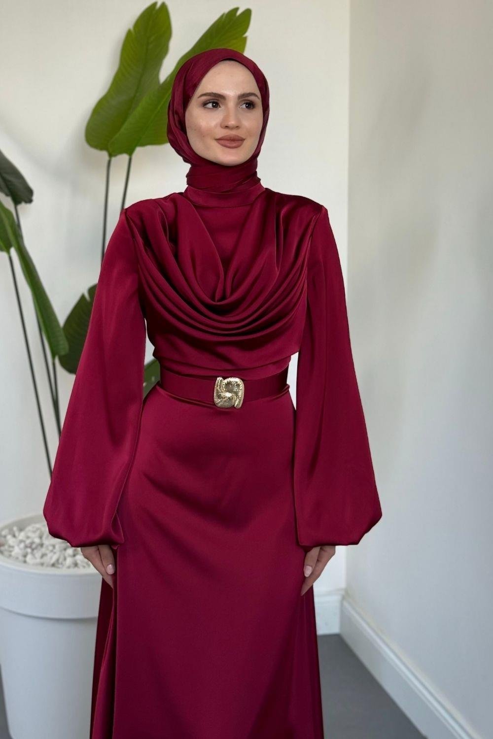 Merryna Kemerli Kuyruklu Saten Abiye Bordo