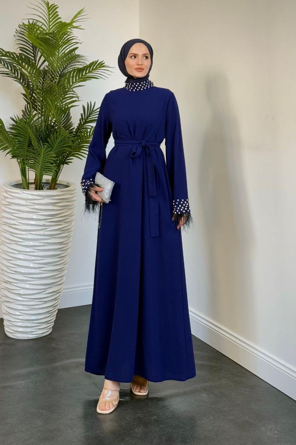 Mimoza Kolları Taşlı Krep Abiye Lacivert