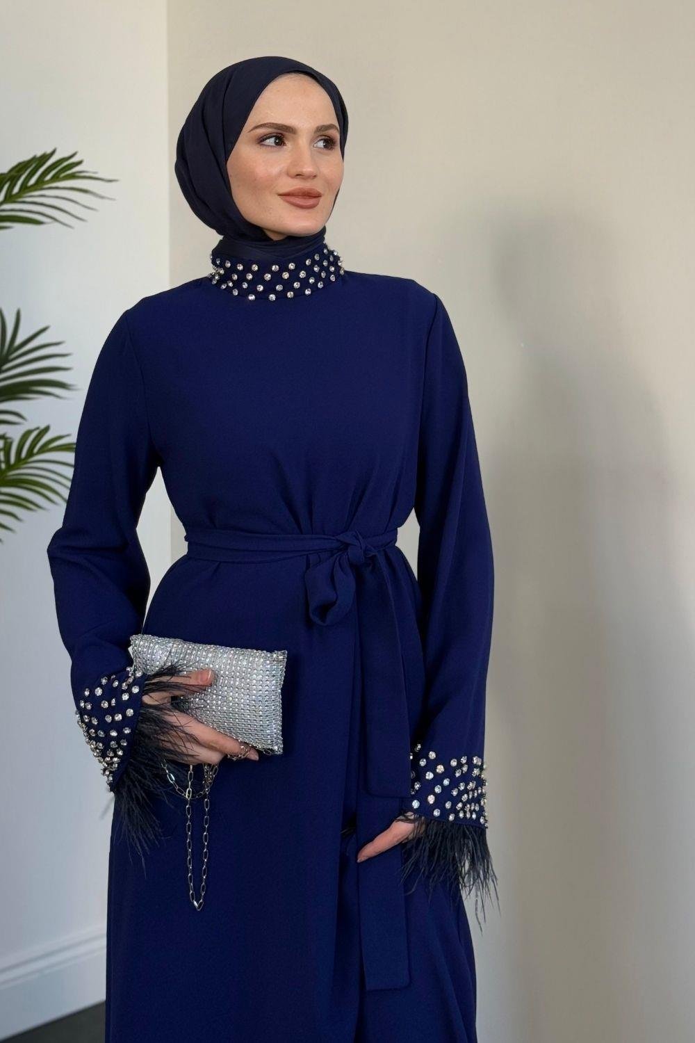 Mimoza Kolları Taşlı Krep Abiye Lacivert