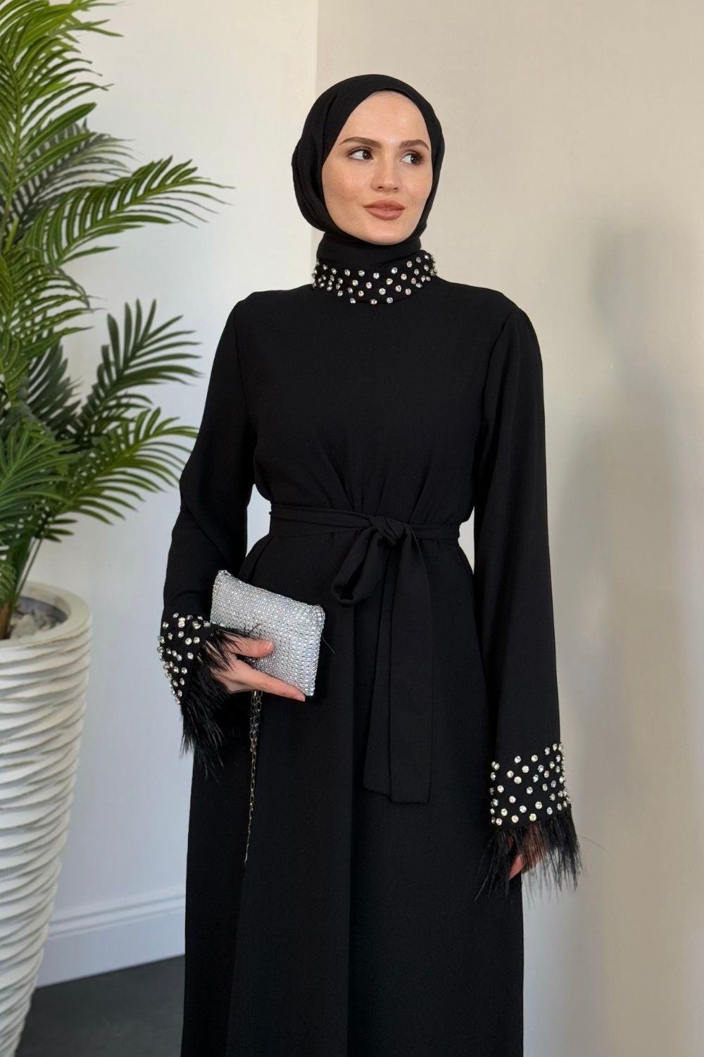 Mimoza Kolları Taşlı Krep Abiye Siyah