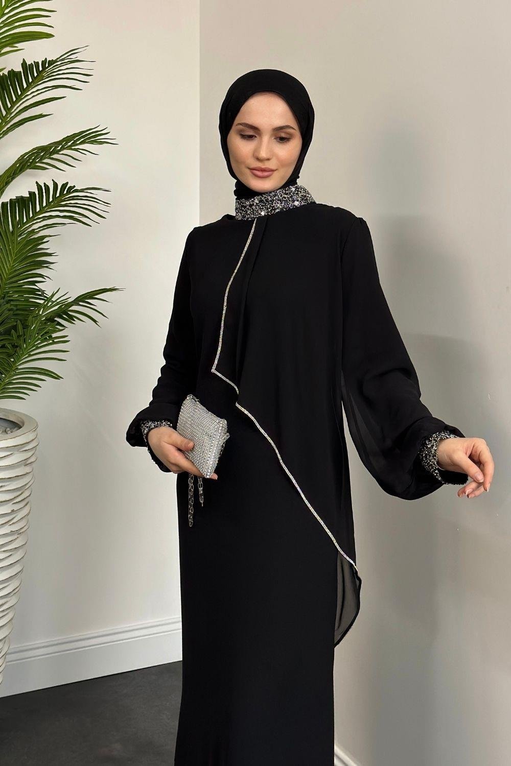 Mina Pelerinli Abiye Siyah 