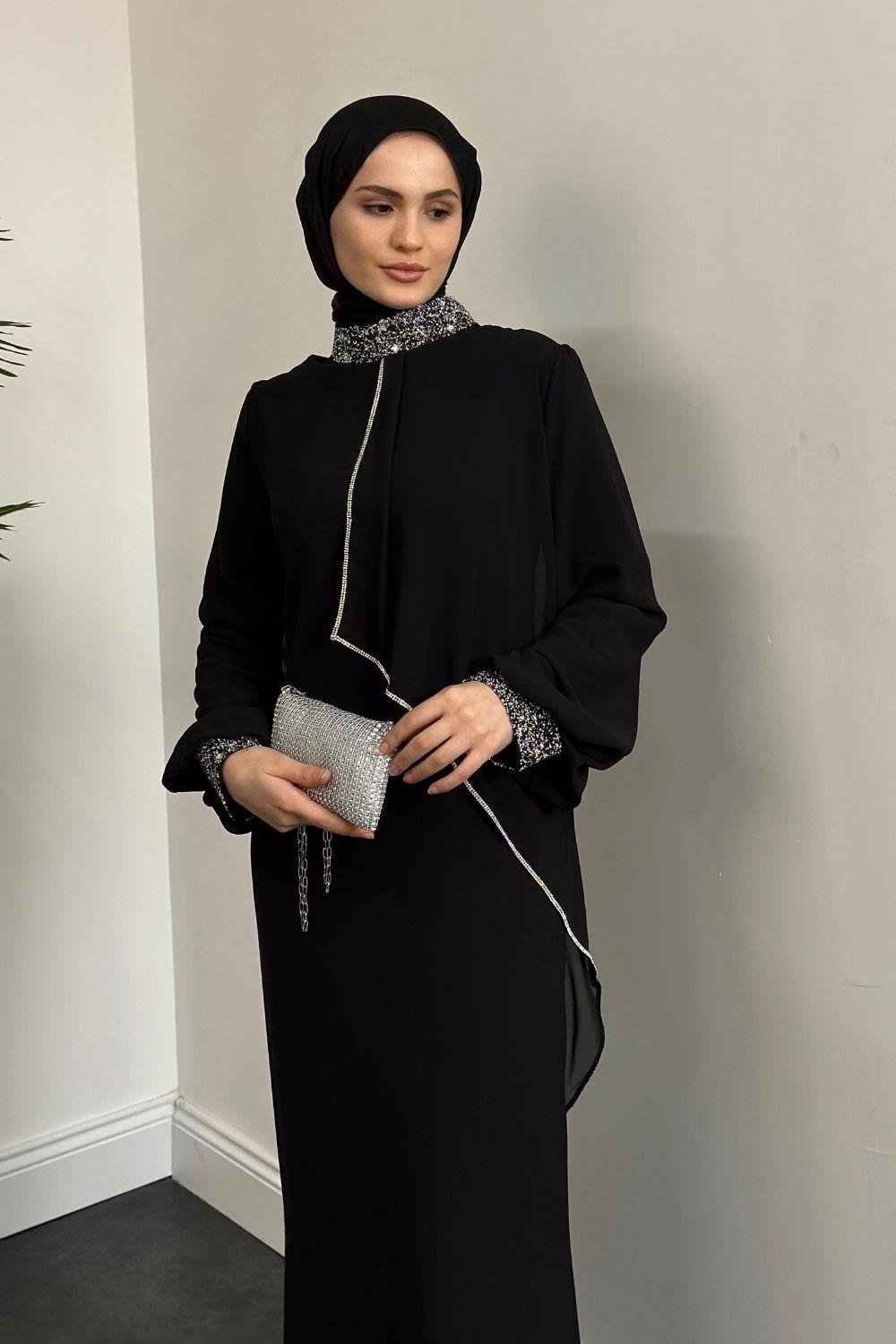 Mina Pelerinli Abiye Siyah 
