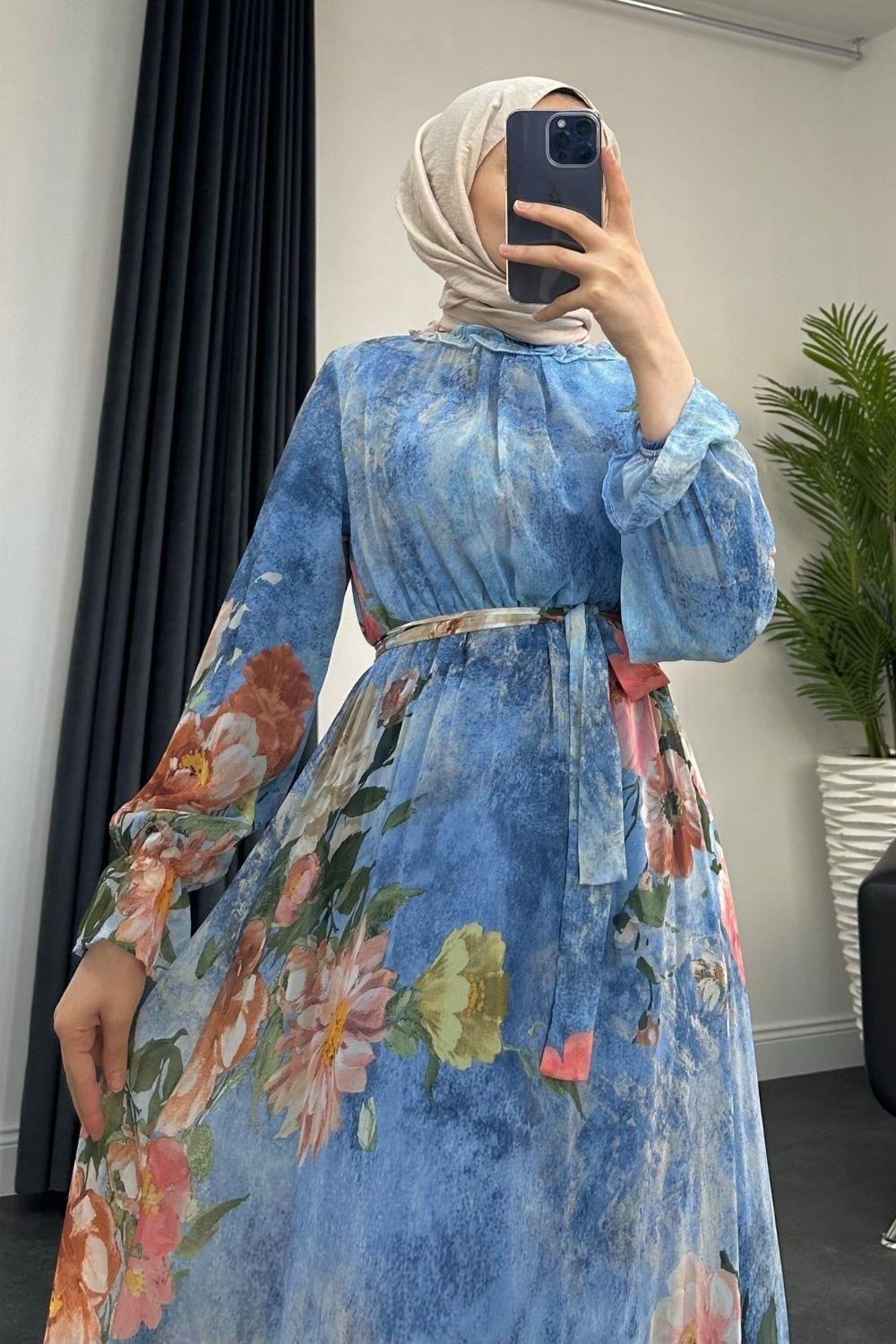 Nadya Astarlı Şifon Elbise Mavi