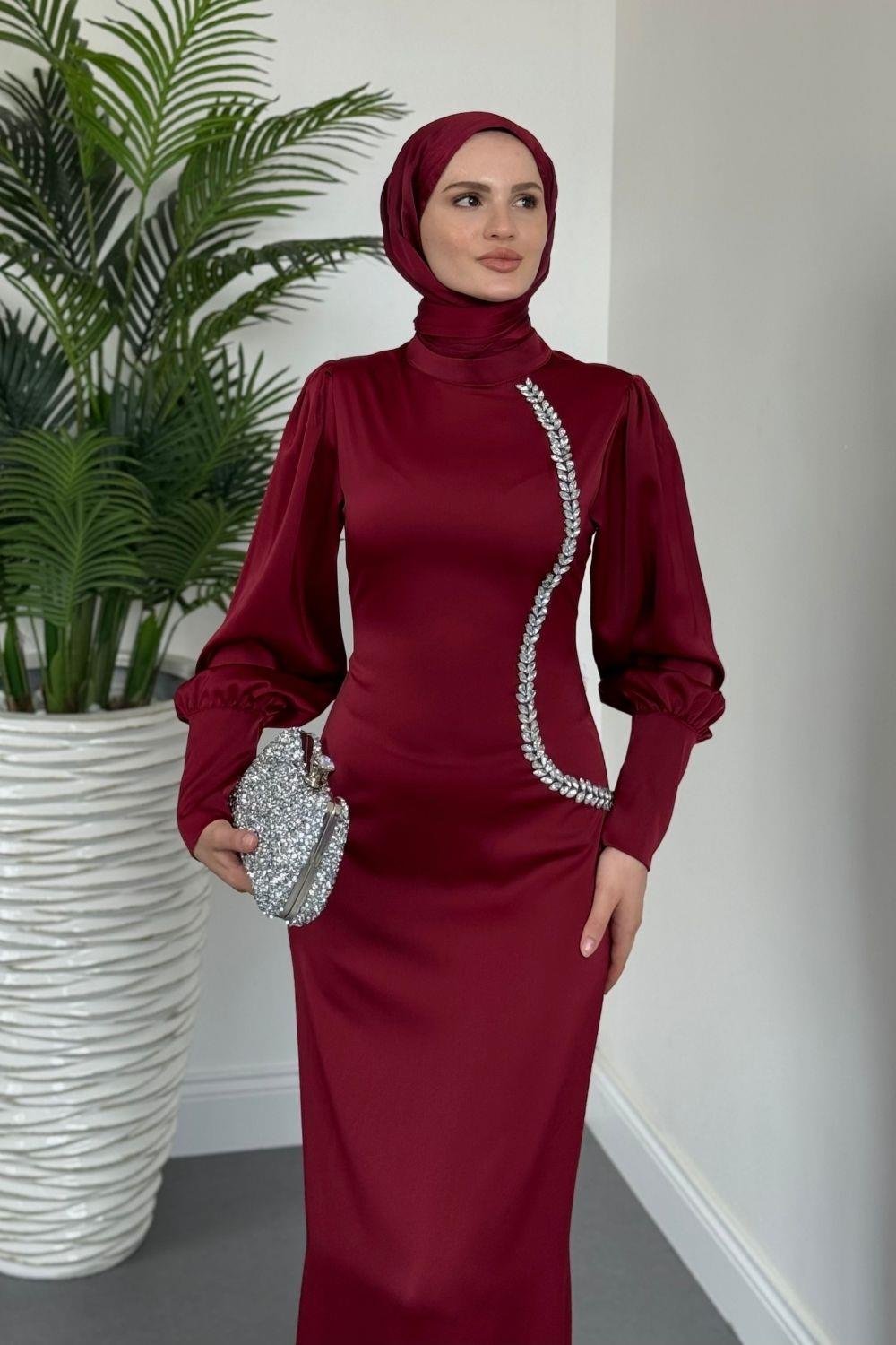 Nigina Yandan Taşlı Kalem Abiye Bordo