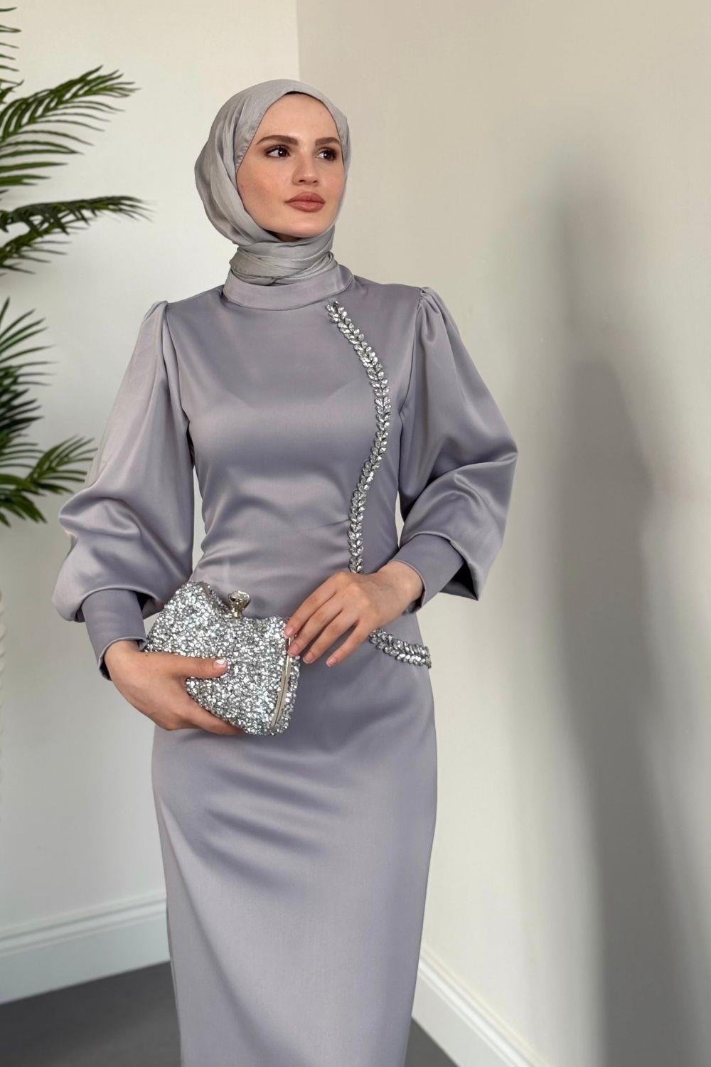 Nigina Yandan Taşlı Kalem Abiye Gri