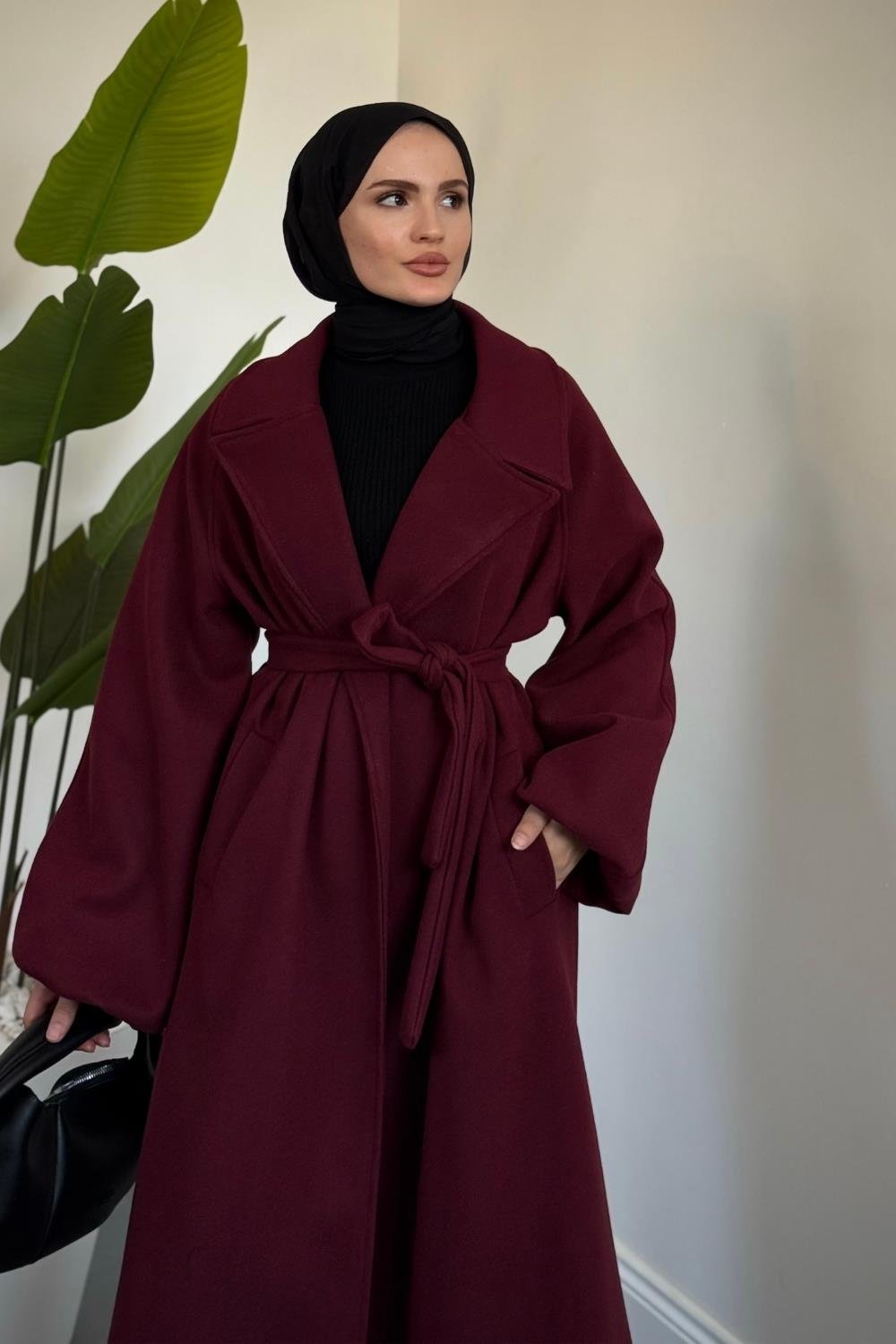 Olinn Astarlı Balon Kol Kaşe Kaban Bordo