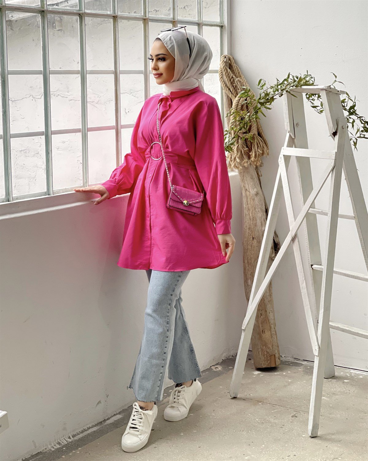 Önden Düğmeli Halka Kemerli Tunik Pembe