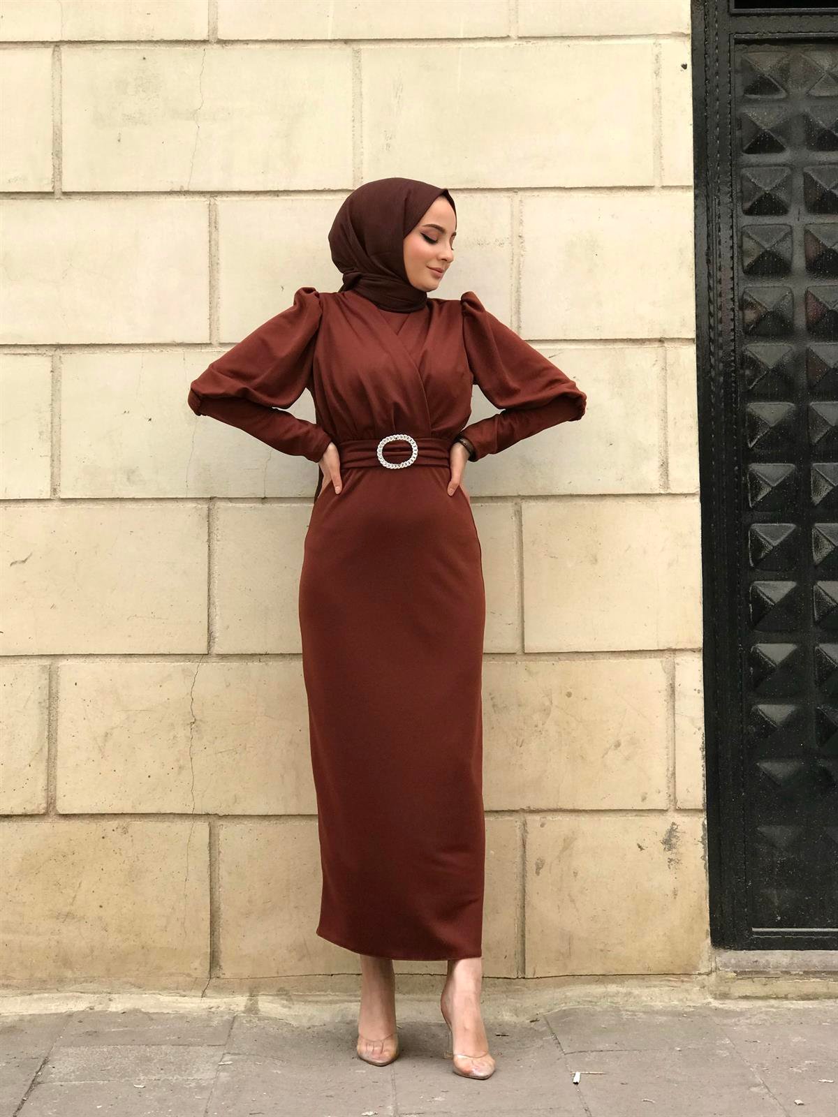 Önü Çapraz Kemerli Elbise Kiremit