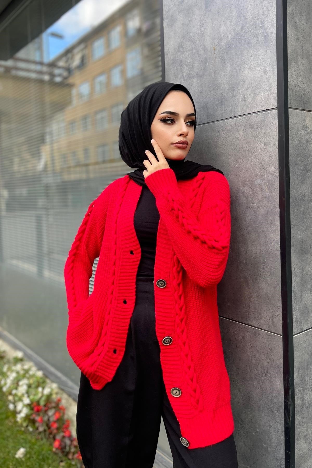 Önü Düğmeli Kısa Hırka Kırmızı