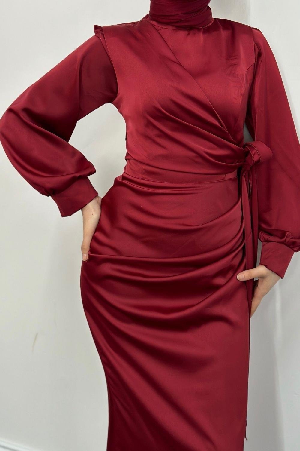 Orlenda Drape Detay Balık Abiye Saks Bordo