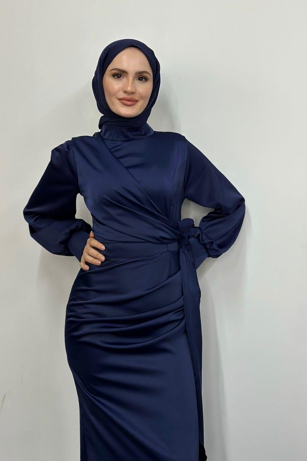 Orlenda Drape Detay Balık Abiye Saks Lacivert